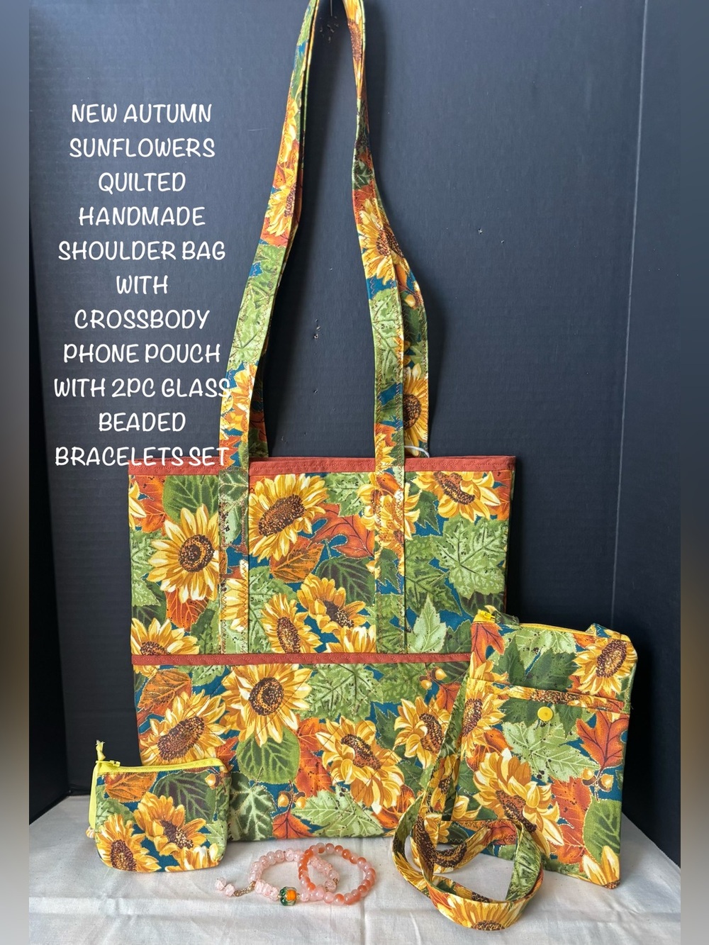 AUTUMN  SUNFLOWERS QUILTED TOTE BAG W/PHONE POUCH & COIN PURSE 2PC GLASS BRACELE